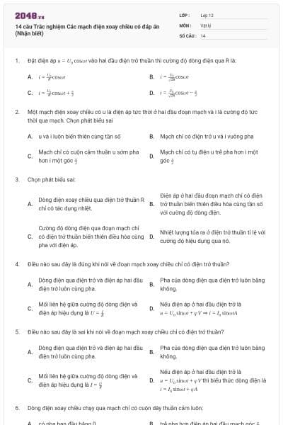 14 câu Trắc nghiệm Các mạch điện xoay chiều có đáp án (Nhận biết)