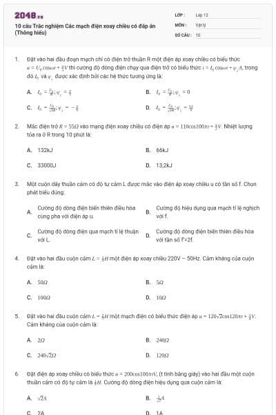 10 câu Trắc nghiệm Các mạch điện xoay chiều có đáp án (Thông hiểu)