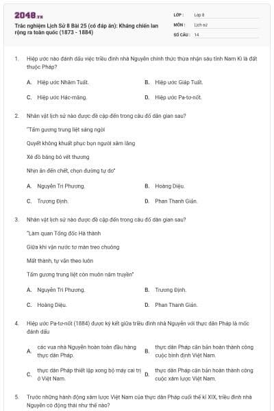 Trắc nghiệm Lịch Sử 8 Bài 25 (có đáp án): Kháng chiến lan rộng ra toàn quốc (1873 - 1884)