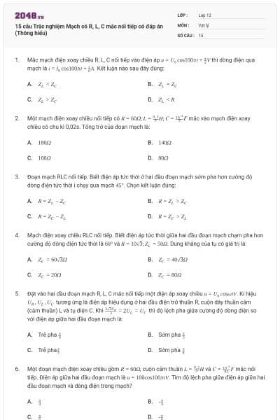 15 câu Trắc nghiệm Mạch có R, L, C mắc nối tiếp có đáp án (Thông hiểu)