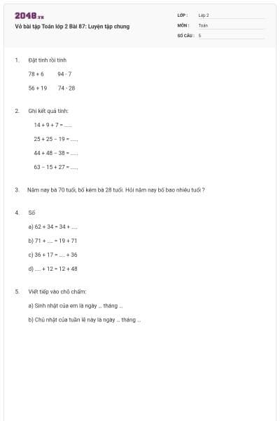 Vở bài tập Toán lớp 2 Bài 87: Luyện tập chung