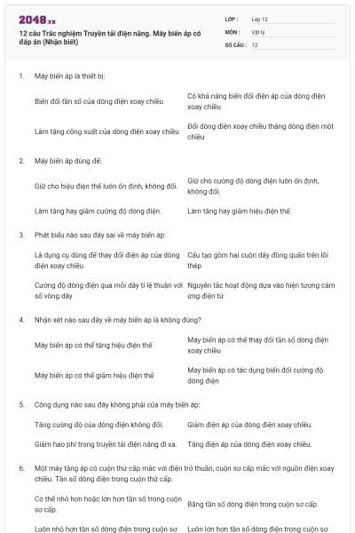 12 câu Trắc nghiệm Truyền tải điện năng. Máy biến áp có đáp án (Nhận biết)