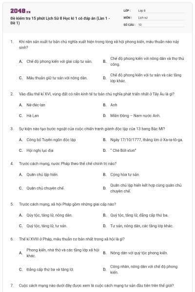 Đề kiểm tra 15 phút Lịch Sử 8 Học kì 1 có đáp án (Lần 1 - Đề 1)