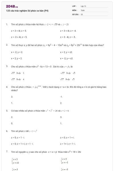 125 câu trắc nghiệm Số phức cơ bản (P4)