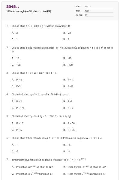 125 câu trắc nghiệm Số phức cơ bản (P2)