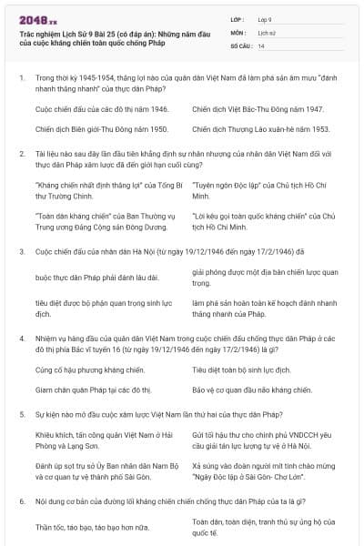 Trắc nghiệm Lịch Sử 9 Bài 25 (có đáp án): Những năm đầu của cuộc kháng chiến toàn quốc chống Pháp