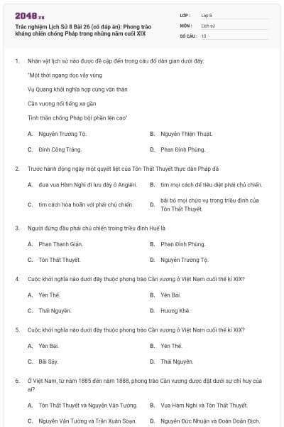 Trắc nghiệm Lịch Sử 8 Bài 26 (có đáp án): Phong trào kháng chiến chống Pháp trong những năm cuối XIX