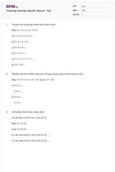 Vở bài tập Toán lớp 2 Bài 90: Thừa số - Tích