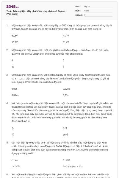 7 câu Trắc nghiệm Máy phát điện xoay chiều có đáp án (Vận dụng)