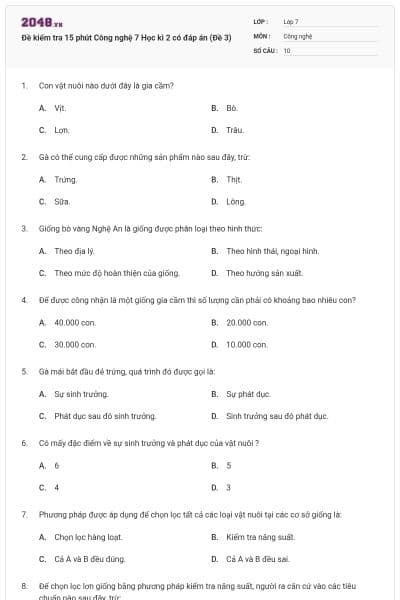 Đề kiểm tra 15 phút Công nghệ 7 Học kì 2 có đáp án (Đề 3)