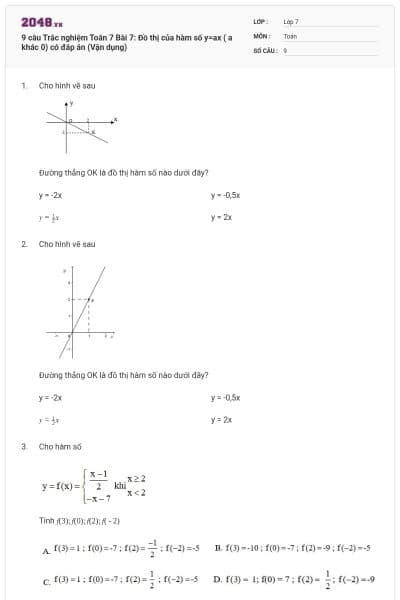 9 câu Trắc nghiệm Toán 7 Bài 7: Đồ thị của hàm số y=ax ( a khác 0) có đáp án (Vận dụng)