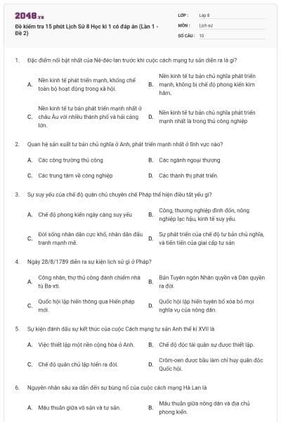 Đề kiểm tra 15 phút Lịch Sử 8 Học kì 1 có đáp án (Lần 1 - Đề 2)