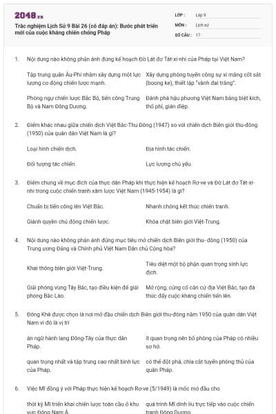 Trắc nghiệm Lịch Sử 9 Bài 26 (có đáp án): Bước phát triển mới của cuộc kháng chiến chống Pháp