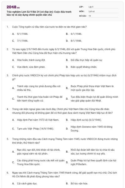 Trắc nghiệm Lịch Sử 9 Bài 24 (có đáp án): Cuộc đấu tranh bảo vệ và xây dựng chính quyền dân chủ