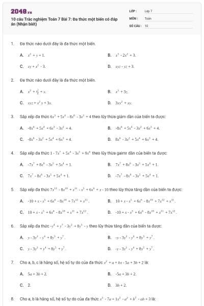 10 câu Trắc nghiệm Toán 7 Bài 7: Đa thức một biến có đáp án (Nhận biết)