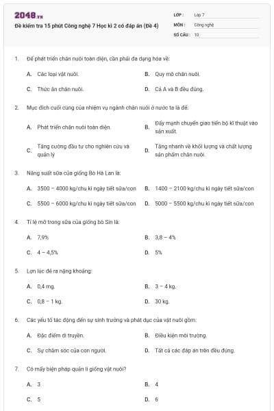 Đề kiểm tra 15 phút Công nghệ 7 Học kì 2 có đáp án (Đề 4)