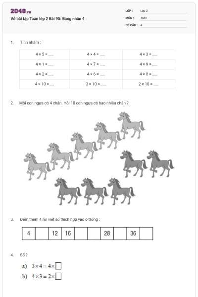 Vở bài tập Toán lớp 2 Bài 95: Bảng nhân 4