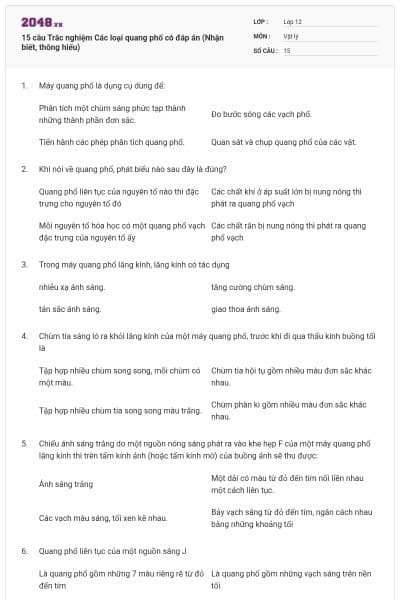 15 câu Trắc nghiệm Các loại quang phổ có đáp án (Nhận biết, thông hiểu)