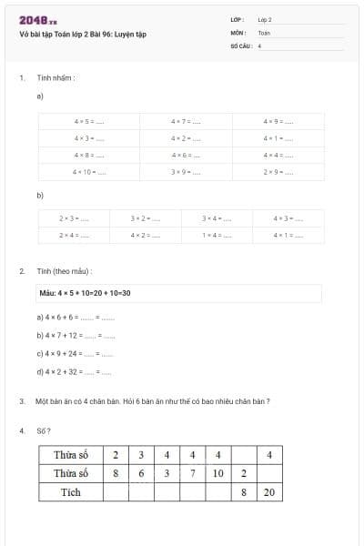 Vở bài tập Toán lớp 2 Bài 96: Luyện tập