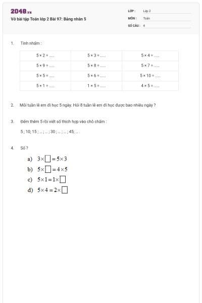 Vở bài tập Toán lớp 2 Bài 97: Bảng nhân 5