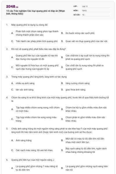 15 câu Trắc nghiệm Các loại quang phổ có đáp án (Nhận biết, thông hiểu)