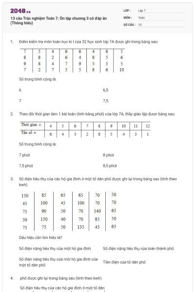 13 câu Trắc nghiệm Toán 7: Ôn tập chương 3 có đáp án (Thông hiểu)