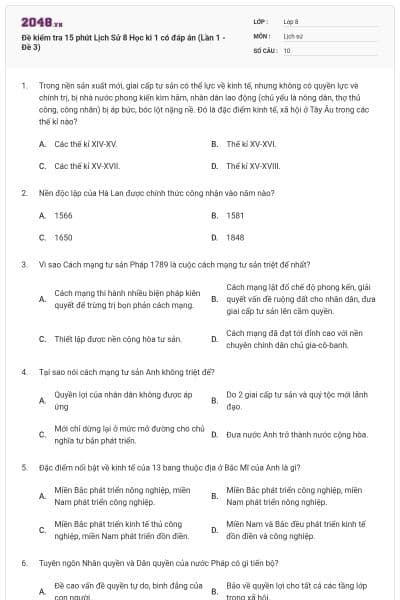 Đề kiểm tra 15 phút Lịch Sử 8 Học kì 1 có đáp án (Lần 1 - Đề 3)