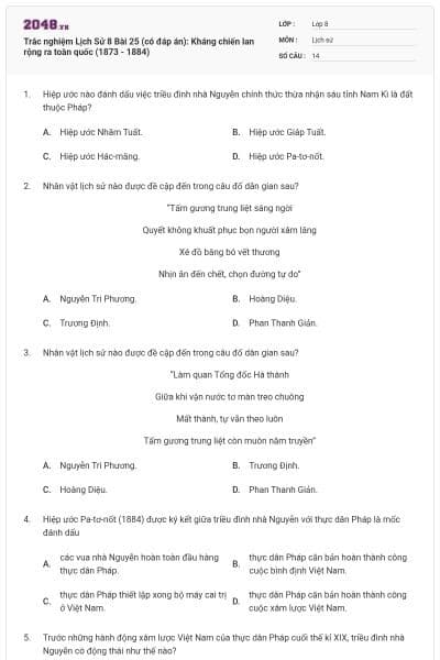 Trắc nghiệm Lịch Sử 8 Bài 25 (có đáp án): Kháng chiến lan rộng ra toàn quốc (1873 - 1884)