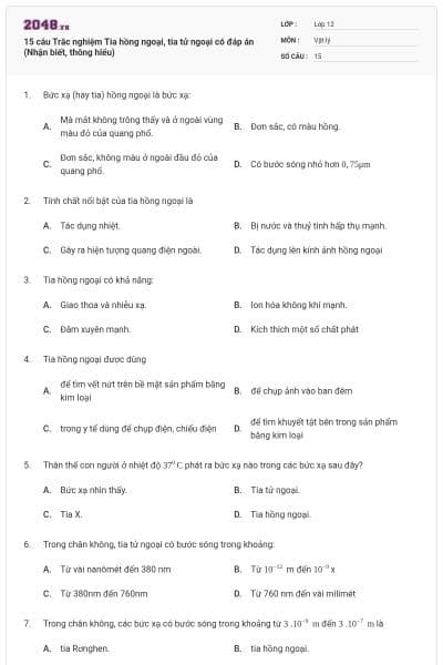 15 câu Trắc nghiệm Tia hồng ngoại, tia tử ngoại có đáp án (Nhận biết, thông hiểu)