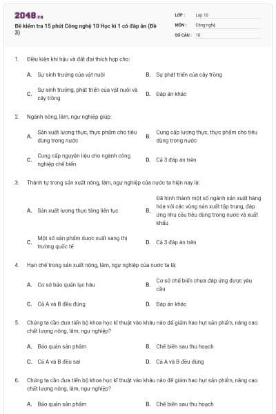 Đề kiểm tra 15 phút Công nghệ 10 Học kì 1 có đáp án (Đề 3)