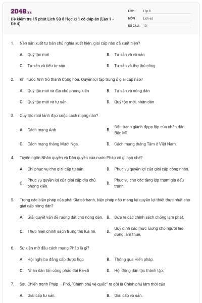 Đề kiểm tra 15 phút Lịch Sử 8 Học kì 1 có đáp án (Lần 1 - Đề 4)