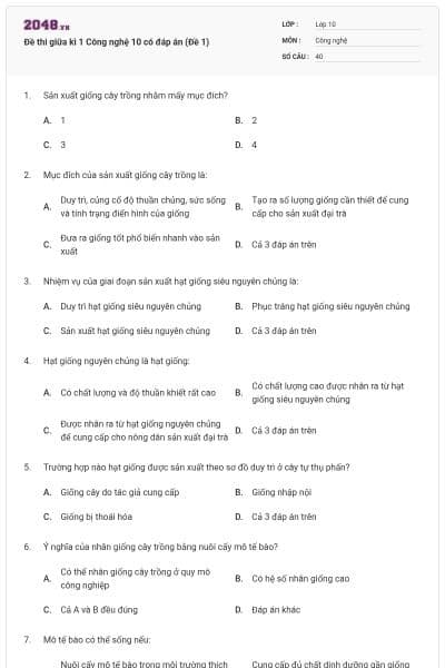 Đề thi giữa kì 1 Công nghệ 10 có đáp án (Đề 1)