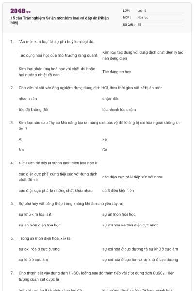 15 câu Trắc nghiệm Sự ăn mòn kim loại có đáp án (Nhận biết)