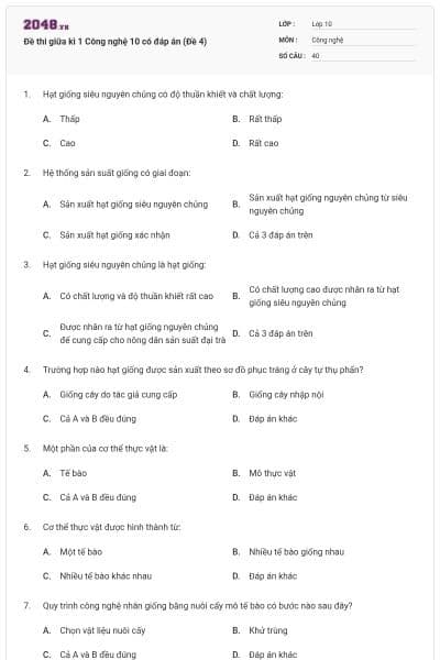 Đề thi giữa kì 1 Công nghệ 10 có đáp án (Đề 4)