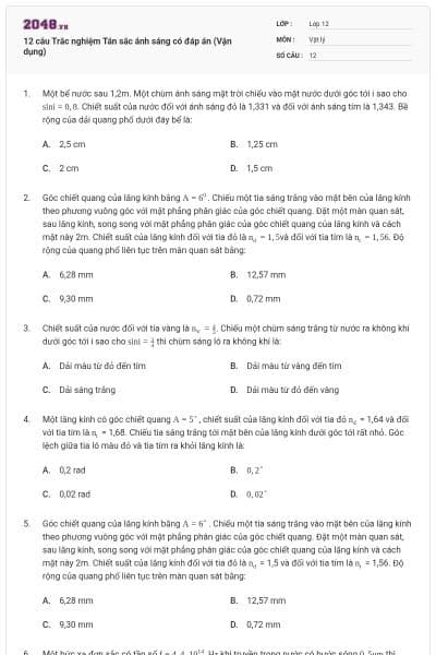 12 câu Trắc nghiệm Tán sắc ánh sáng có đáp án (Vận dụng)