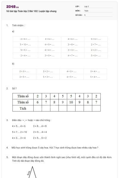 Vở bài tập Toán lớp 2 Bài 102: Luyện tập chung
