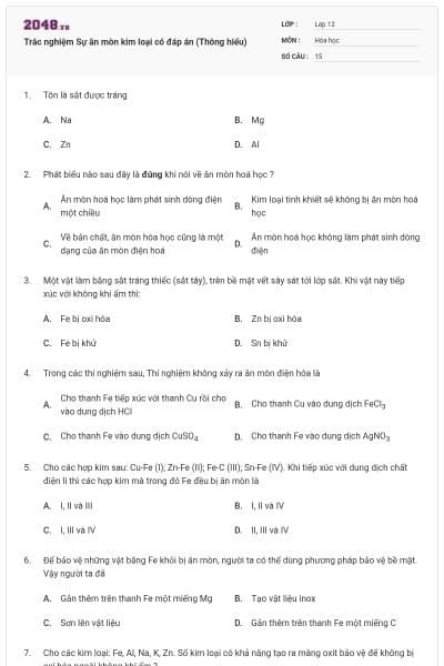 Trắc nghiệm Sự ăn mòn kim loại có đáp án (Thông hiểu)