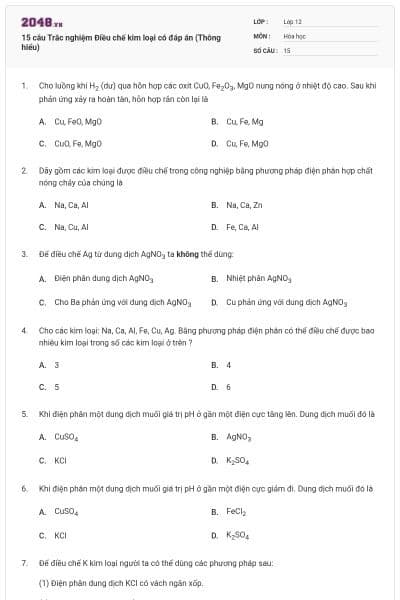 15 câu Trắc nghiệm Điều chế kim loại có đáp án (Thông hiểu)