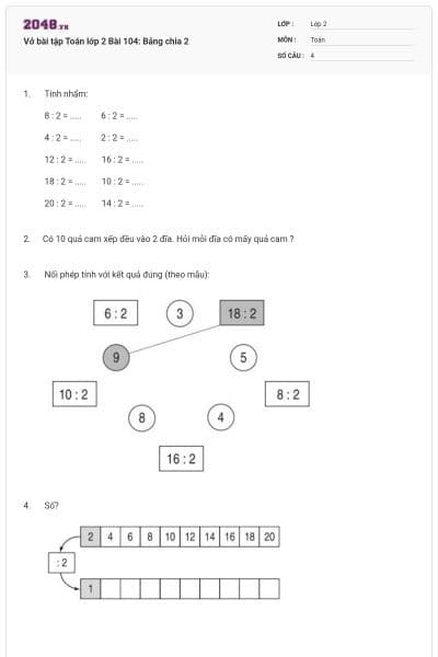 Vở bài tập Toán lớp 2 Bài 104: Bảng chia 2