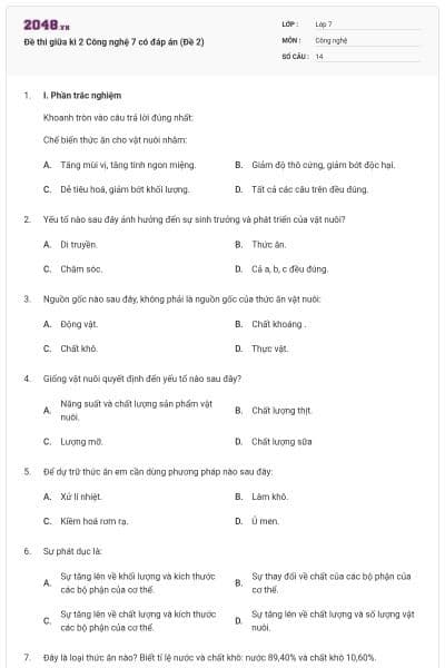 Đề thi giữa kì 2 Công nghệ 7 có đáp án (Đề 2)