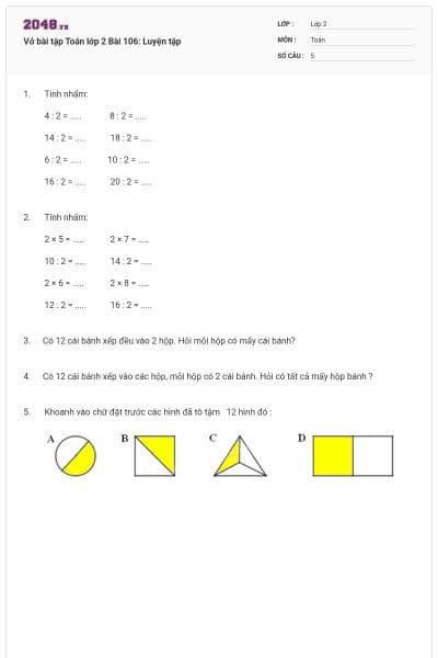 Vở bài tập Toán lớp 2 Bài 106: Luyện tập