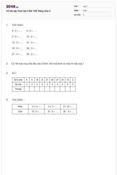 Vở bài tập Toán lớp 2 Bài 108: Bảng chia 3