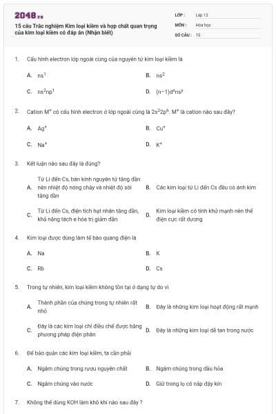 15 câu Trắc nghiệm Kim loại kiềm và hợp chất quan trọng của kim loại kiềm có đáp án (Nhận biết)