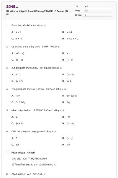 Đề kiểm tra 45 phút Toán 8 Chương 2 Đại Số có đáp án (Đề 3)