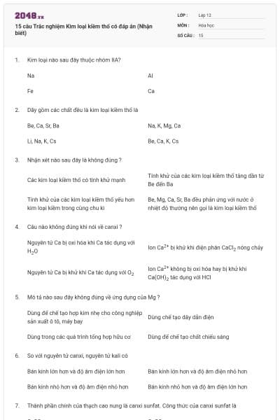 15 câu Trắc nghiệm Kim loại kiềm thổ có đáp án (Nhận biết)