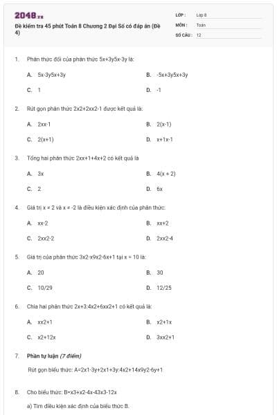 Đề kiểm tra 45 phút Toán 8 Chương 2 Đại Số có đáp án (Đề 4)