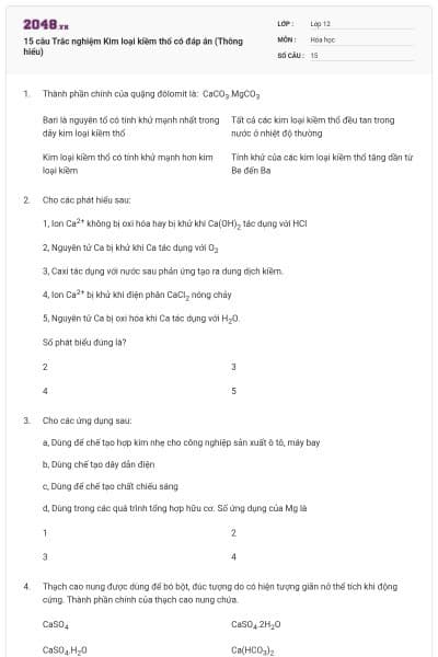 15 câu Trắc nghiệm Kim loại kiềm thổ có đáp án (Thông hiểu)