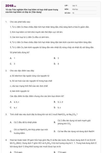 10 câu Trắc nghiệm Kim loại kiềm và hợp chất quan trọng của kim loại kiềm có đáp án (Vận dụng)