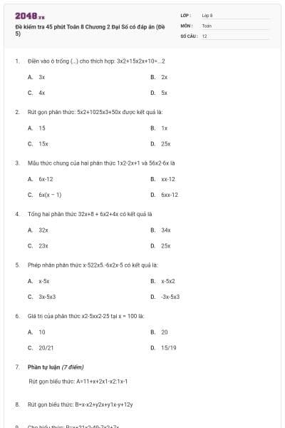 Đề kiểm tra 45 phút Toán 8 Chương 2 Đại Số có đáp án (Đề 5)