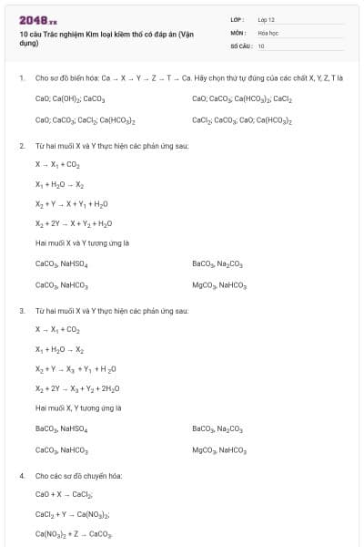 10 câu Trắc nghiệm Kim loại kiềm thổ có đáp án (Vận dụng)